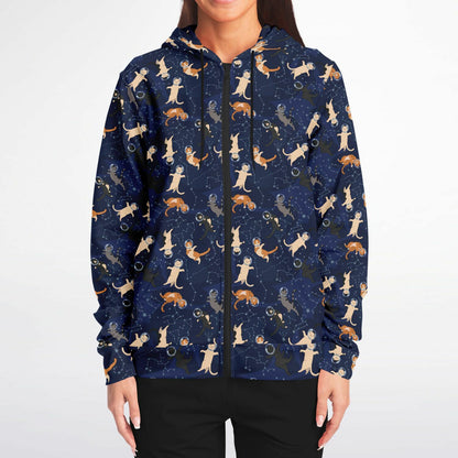 Cats in Space Zip Up Hoodie, Kittens Full Zipper Pocket Men Women Unisex Adult Aesthetic Graphic Cotton Fleece Hooded Sweatshirt - Starcove Fashion