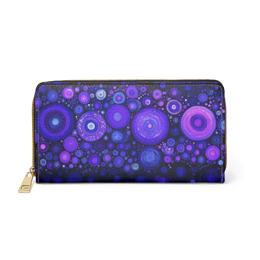 Purple Retro Leather Wallet Women, Vintage Dot Art Vegan Zipper Zip Around Coins Credit Cards Pocket Cash Ladies Female Pouch Clutch Purse