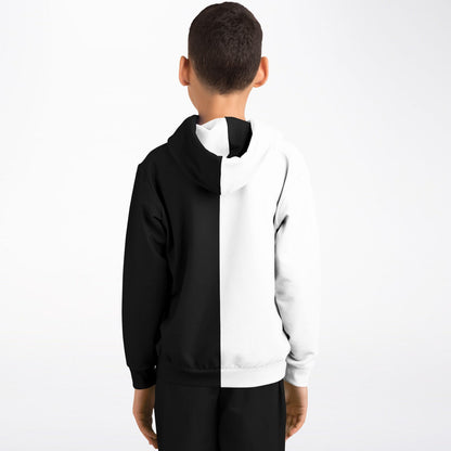 Half Black Half White Kids Pullover Hoodie, Two Tone Color Split Girls Boy Toddler Youth Children Fleece Cozy Cotton Hooded Sweatshirt Pockets