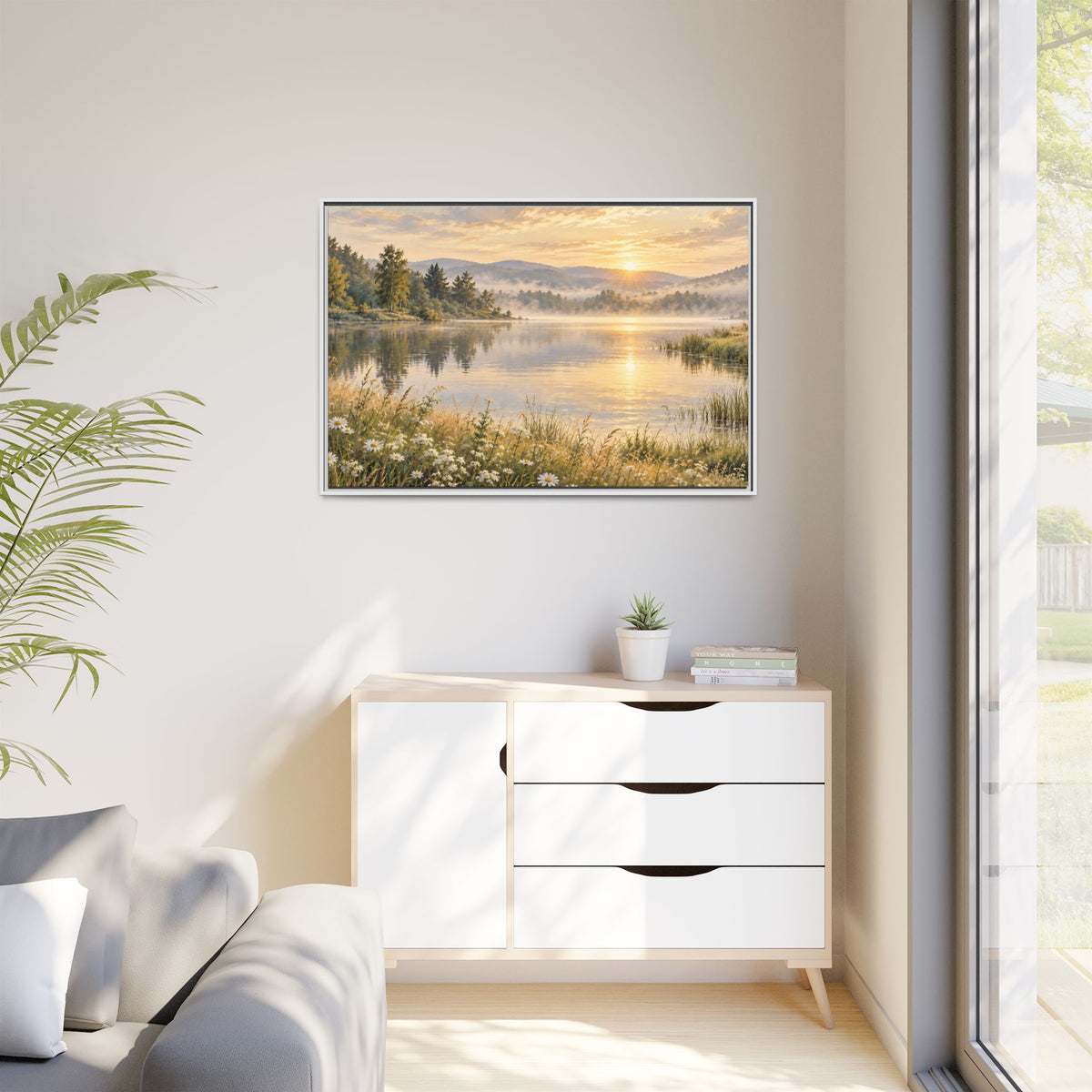 Misty Meadow Lake Wood Framed Canvas, Wildflower Farmhouse Wall Art Print Artwork Decor Small Large Hanging Matte Landscape Square Poster