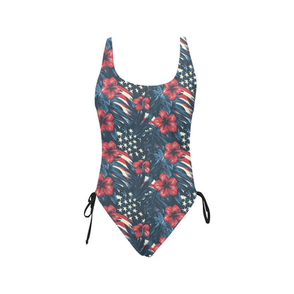 Red White Blue Hibiscus One Piece Swimsuit for Women, American USA Stars Beach Hawaiian Cute Designer Swim Swimming Bathing Suits Swimwear