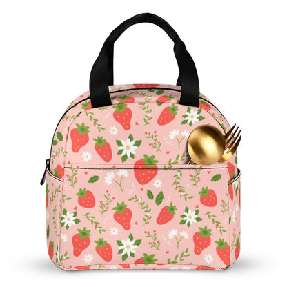 Strawberry Insulated Lunch Box Bag Tote, Pink Summer Fruit Floral Flowers Cute Food Container Adult Kids Women Teens Men School Work Handbag - Starcove Fashion