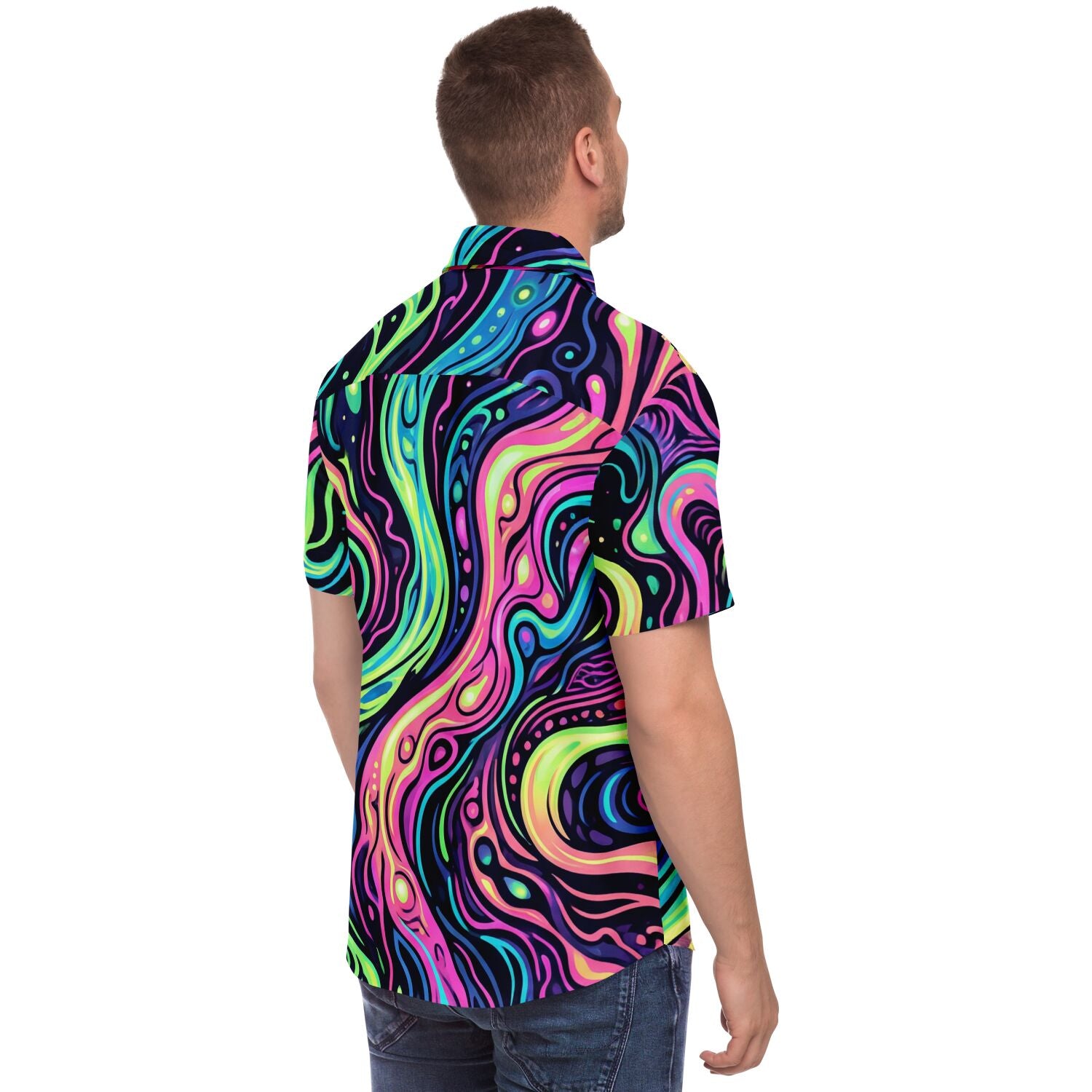 Psychedelic Men Button Up Shirt, Vibrant Trippy Funky Festival Short Sleeve Print Casual Buttoned Down Summer Male Guys Collared Designer - Starcove Fashion