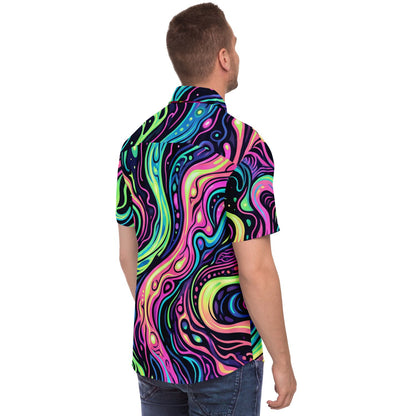 Psychedelic Men Button Up Shirt, Vibrant Trippy Funky Festival Short Sleeve Print Casual Buttoned Down Summer Male Guys Collared Designer - Starcove Fashion