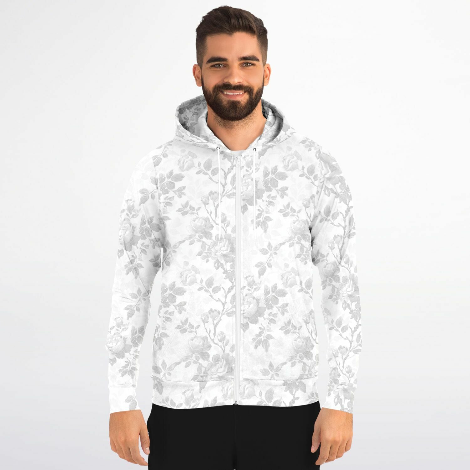 White Floral Zip Up Hoodie, Flowers Full Zipper Pocket Men Women Unisex Adult Aesthetic Graphic Cotton Fleece Hooded Sweatshirt - Starcove Fashion