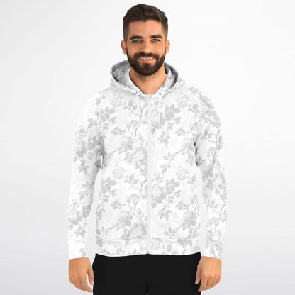White Floral Zip Up Hoodie, Flowers Full Zipper Pocket Men Women Unisex Adult Aesthetic Graphic Cotton Fleece Hooded Sweatshirt - Starcove Fashion