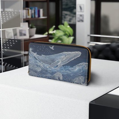 Blue Whale Leather Wallet Women, Ocean Japanese Waves Sea Vegan Zipper Zip Around Coins Credit Cards Pocket Cash Ladies Pouch Clutch Purse