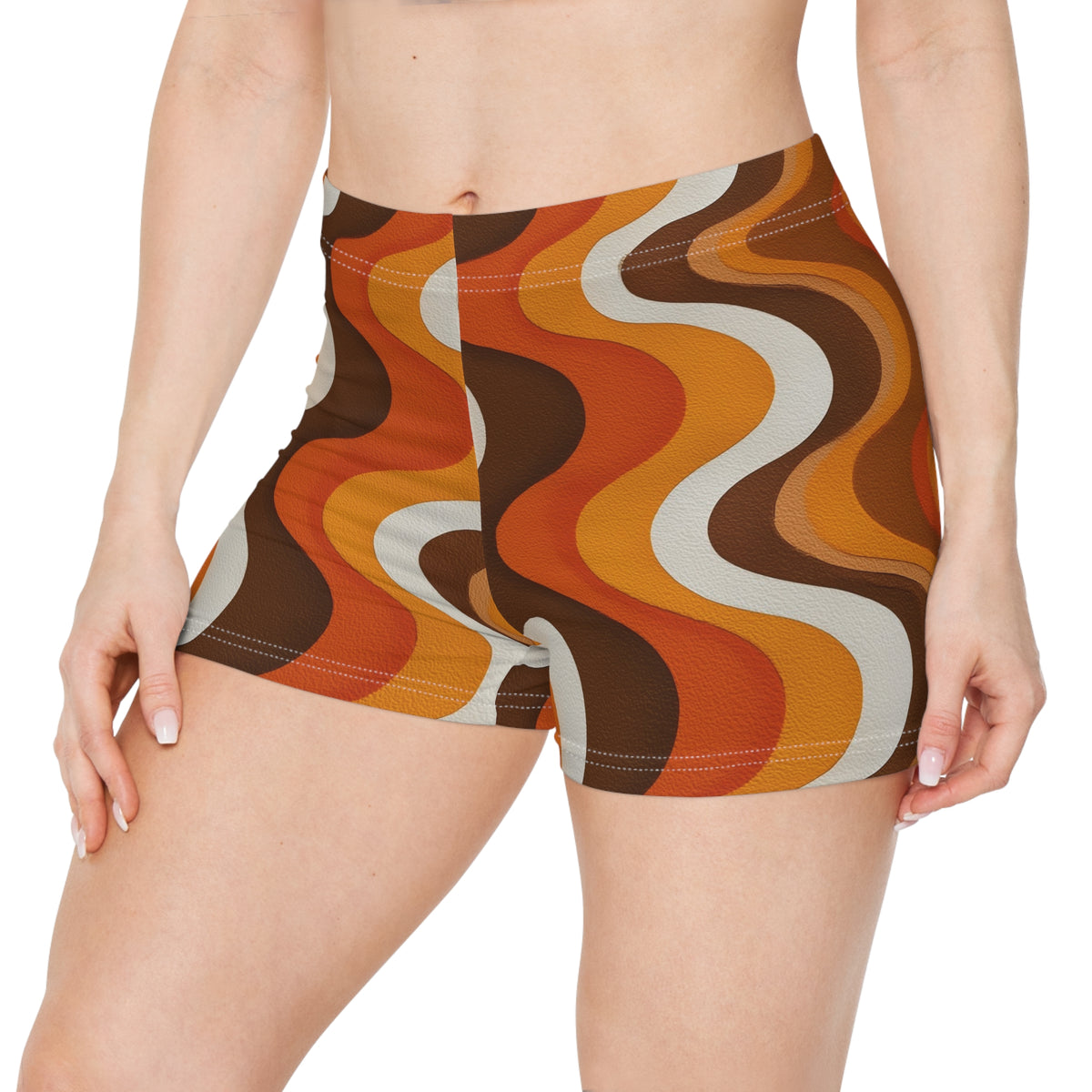 70s Wavy Striped Women Shorts, Brown Disco Retro Yoga Biker Sport Workout Gym Festival Running Moisture Wicking Ladies Spandex Bottoms
