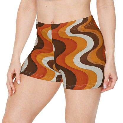 70s Wavy Striped Women Shorts, Brown Disco Retro Yoga Biker Sport Workout Gym Festival Running Moisture Wicking Ladies Spandex Bottoms
