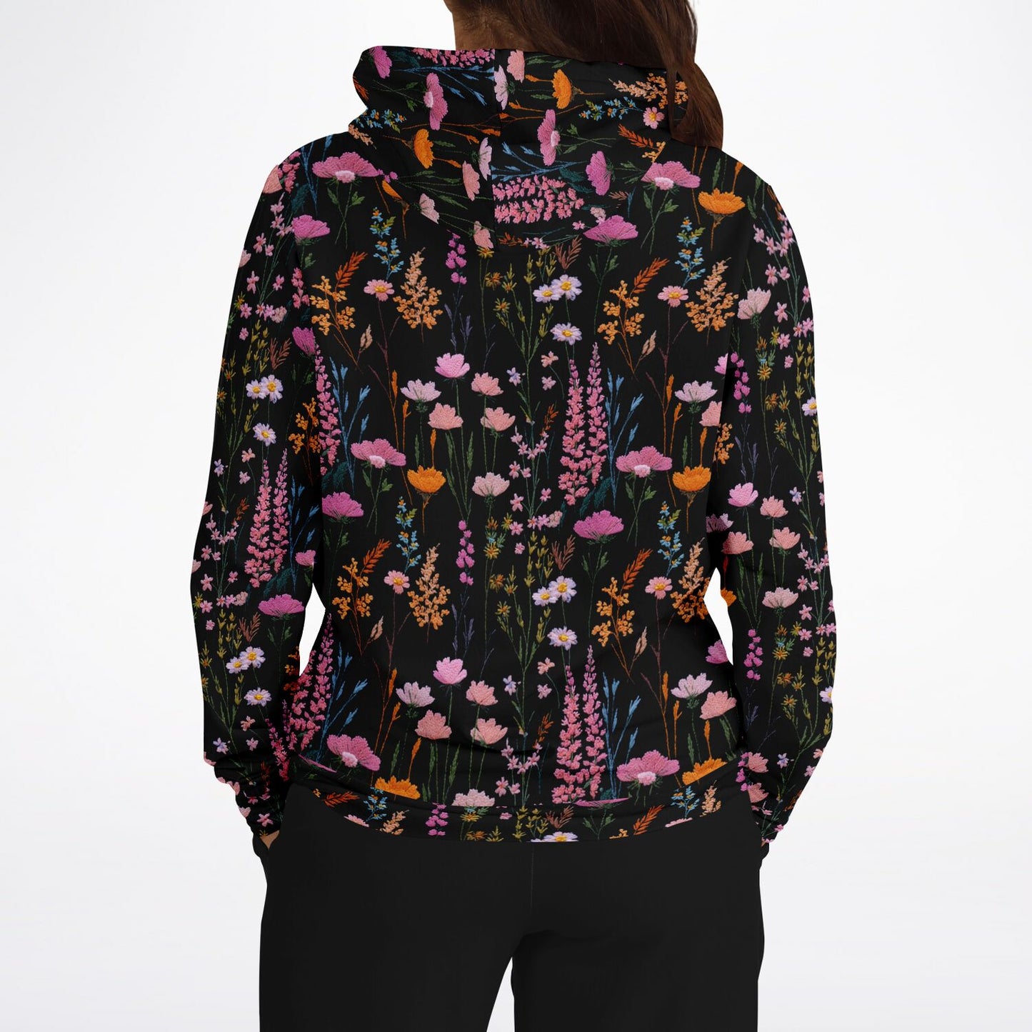 Pink Floral Hoodie, Faux Embroidery Flowers Pullover Women Men Adult Aesthetic Graphic Cotton Hooded Sweatshirt Pockets Designer Plus Size