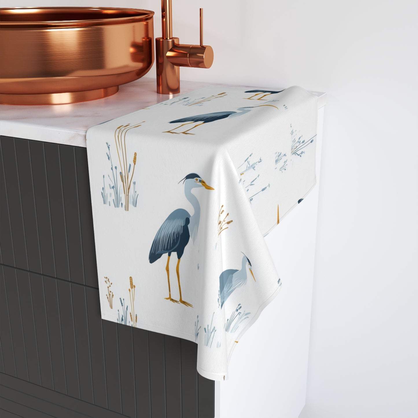 Blue Heron Hand Towel, Coastal Bird Animal Watercolor Guest Bath Softest Bathroom Spa Tea Cotton Kitchen Gift Her Women Sack Linen - Starcove Fashion