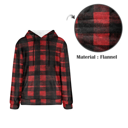 Red Black Buffalo Plaid Flannel Hoodie, Check Fleece Lined Heavyweight Pocket Men Women Unisex Aesthetic Graphic Hooded Sweatshirt Jacket