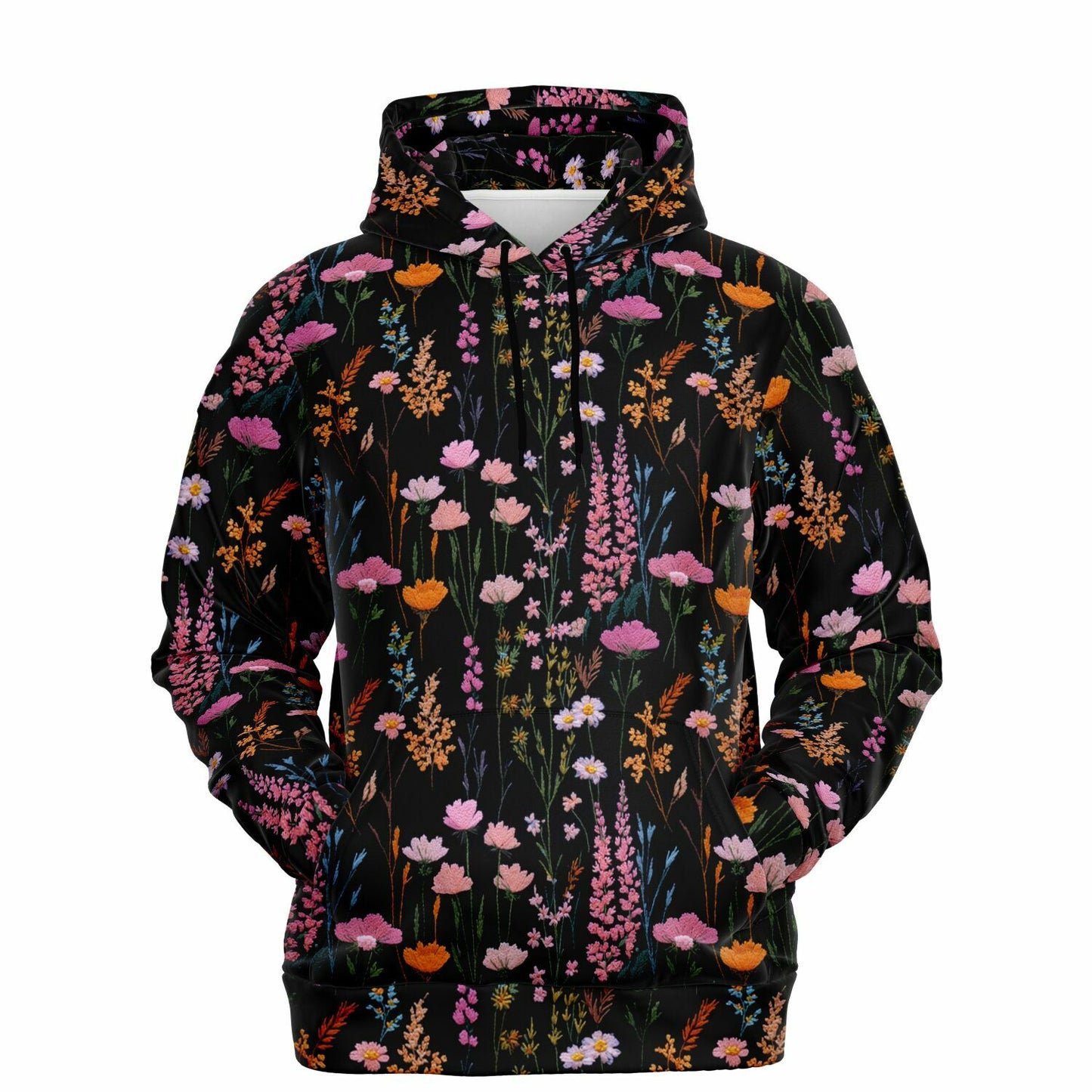 Pink Floral Hoodie, Faux Embroidery Flowers Pullover Women Men Adult Aesthetic Graphic Cotton Hooded Sweatshirt Pockets Designer Plus Size