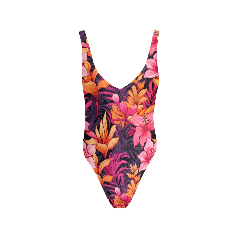 Floral One Piece Swimsuit for Women, Fuchsia Orange Tropical Sexy Cheeky Low Back Backless Plunge Cute Designer Ladies Swim Bathing Suit