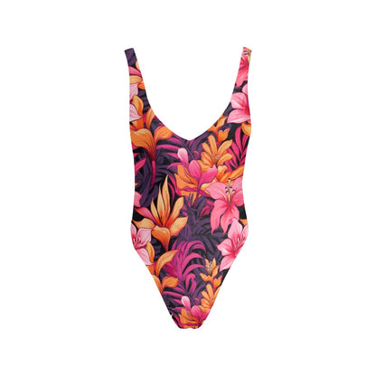 Floral One Piece Swimsuit for Women, Fuchsia Orange Tropical Sexy Cheeky Low Back Backless Plunge Cute Designer Ladies Swim Bathing Suit