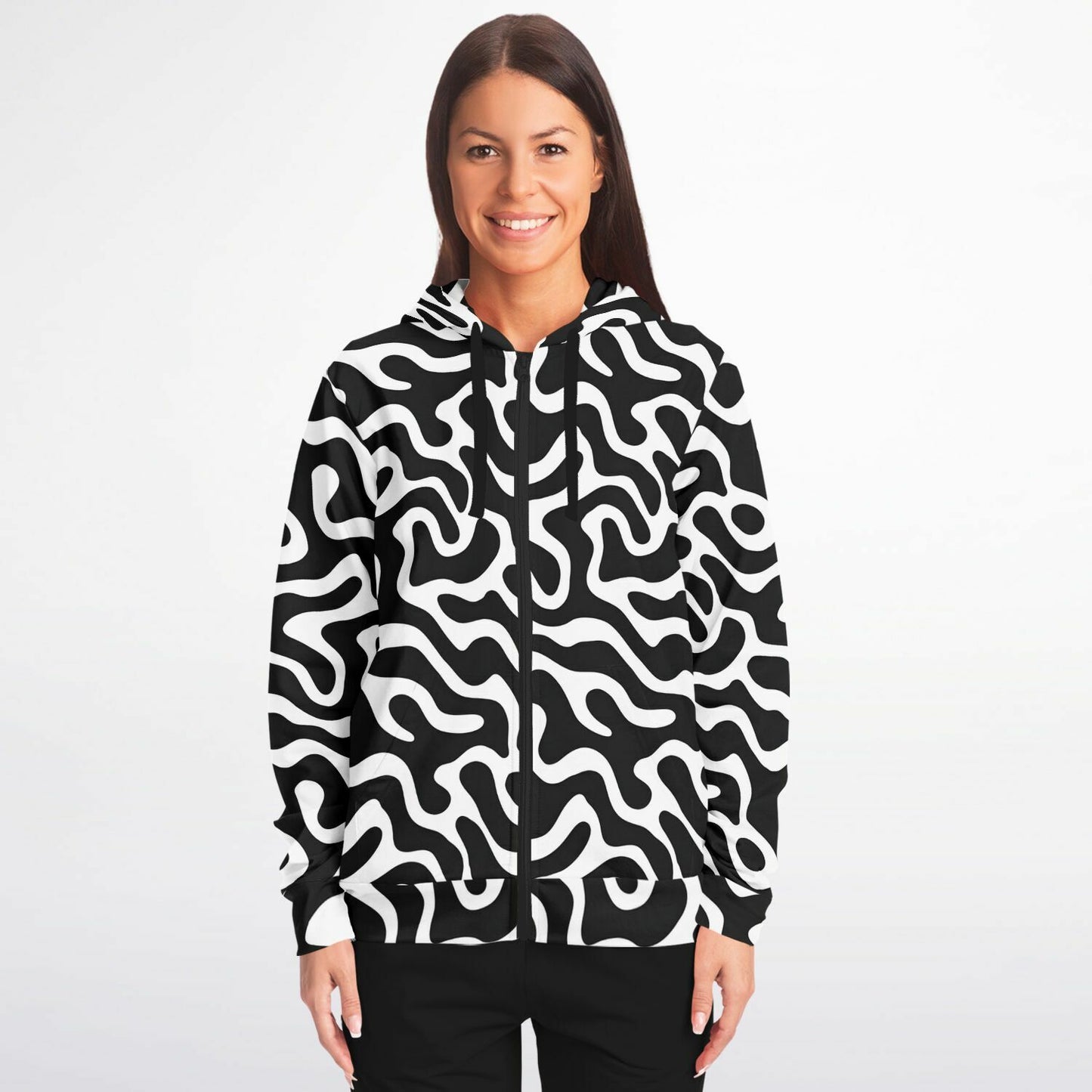 Black White Zip Up Hoodie, Trippy Psychedelic Wavy Groovy Funky Full Zipper Pocket Men Women Unisex Adult Cotton Fleece Hooded Sweatshirt