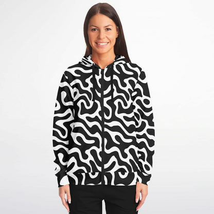 Black White Zip Up Hoodie, Trippy Psychedelic Wavy Groovy Funky Full Zipper Pocket Men Women Unisex Adult Cotton Fleece Hooded Sweatshirt