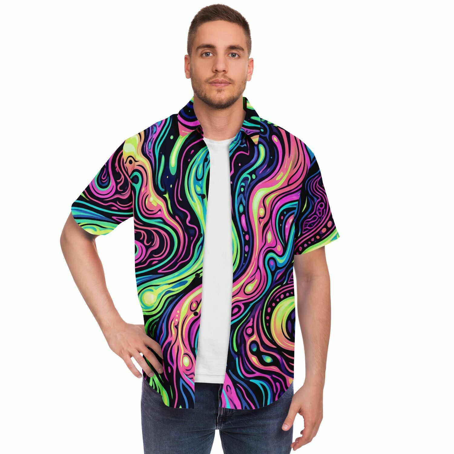 Psychedelic Men Button Up Shirt, Vibrant Trippy Funky Festival Short Sleeve Print Casual Buttoned Down Summer Male Guys Collared Designer - Starcove Fashion