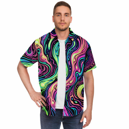 Psychedelic Men Button Up Shirt, Vibrant Trippy Funky Festival Short Sleeve Print Casual Buttoned Down Summer Male Guys Collared Designer - Starcove Fashion