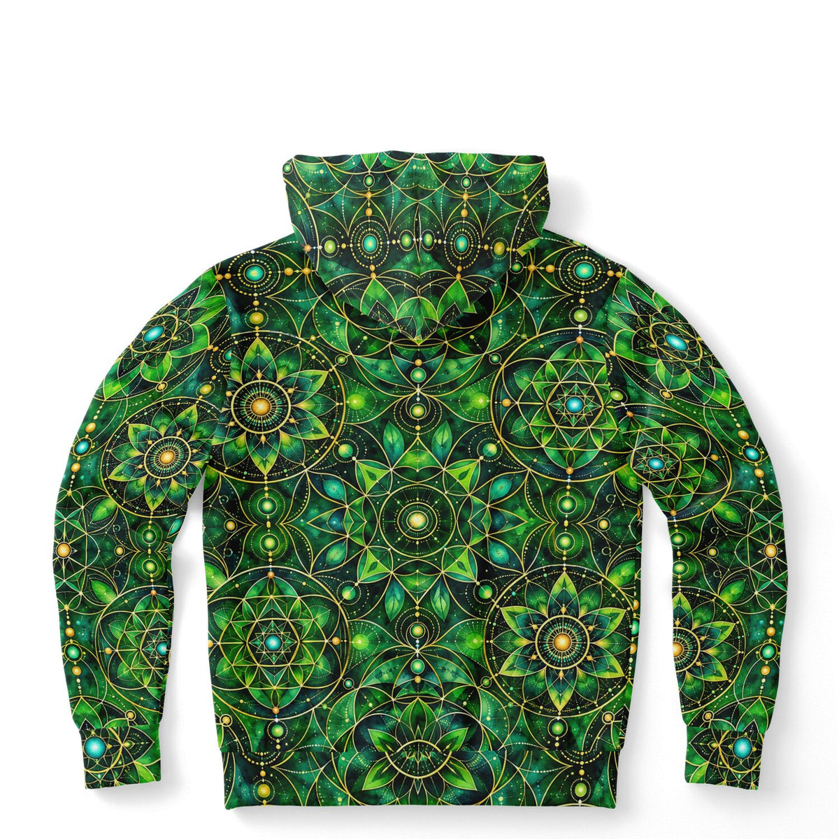 Emerald Mandala Hoodie, Green Psychedelic Geometric Pullover Men Women Adult Graphic Cotton Hooded Sweatshirt Pockets Designer Plus Size