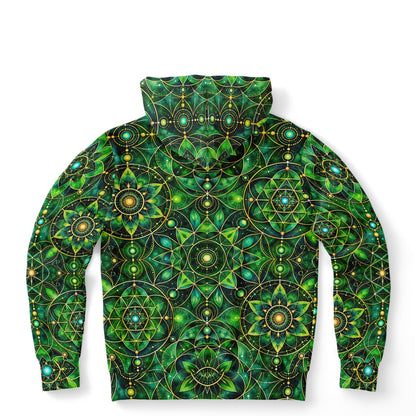 Emerald Mandala Hoodie, Green Psychedelic Geometric Pullover Men Women Adult Graphic Cotton Hooded Sweatshirt Pockets Designer Plus Size
