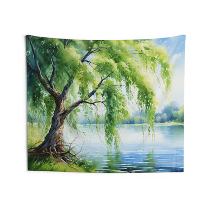 Weeping Willow Tree Tapestry, Nature Lake Watercolor Wall Art Hanging Cool Unique Landscape Aesthetic Large Small Bedroom College Dorm Starcove Fashion