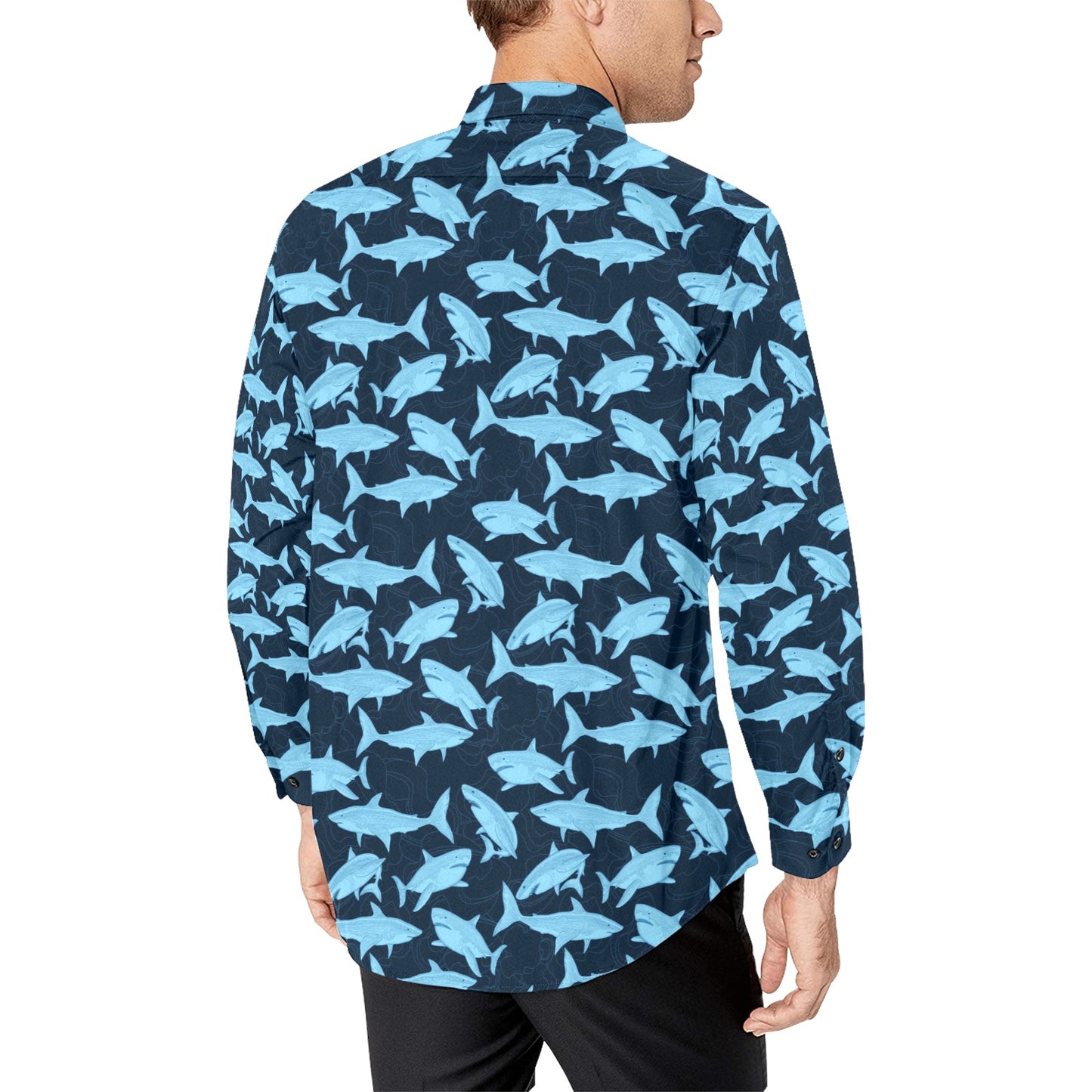 Shark Long Sleeve Men Button Up Shirt, Marine Animal Print Unique Buttoned Down Collar Business Casual Dress Shirt Male with Chest Pocket