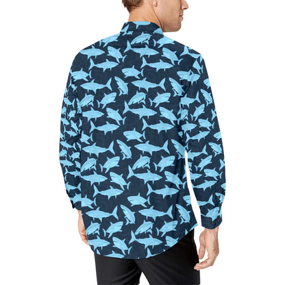 Shark Long Sleeve Men Button Up Shirt, Marine Animal Print Unique Buttoned Down Collar Business Casual Dress Shirt Male with Chest Pocket