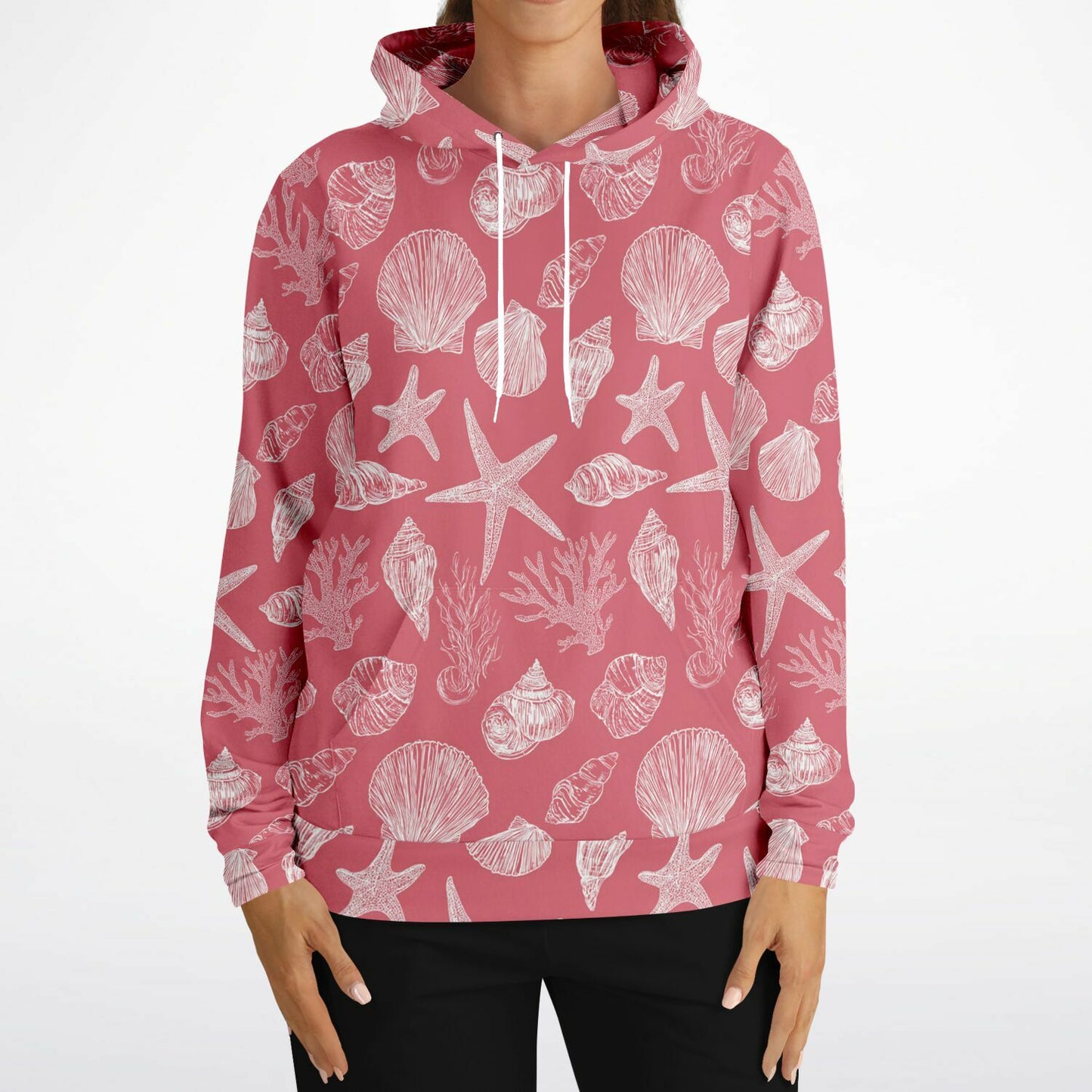 Coral Pink Beach Hoodie, Ocean Sea Shells Star Pullover Men Women Adult Graphic Cotton Hooded Sweatshirt with Pockets Designer Plus Size