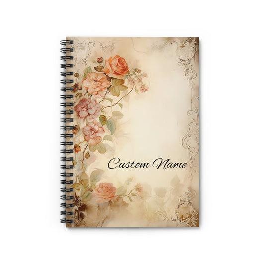 Custom Roses Spiral Bound Notebook, Personalized Vintage Name Travel Floral Retro Small Journal Notepad Ruled Line Book Paper Aesthetic