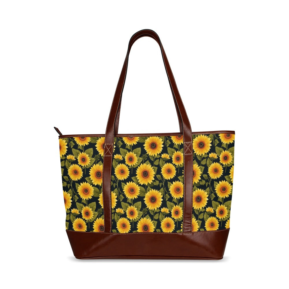 Sunflower Canvas Tote Bag Zipper, Floral Waterproof Pockets Beach Pool Designer Fabric Shoulder Handbag Women Work Purse Travel Carry On