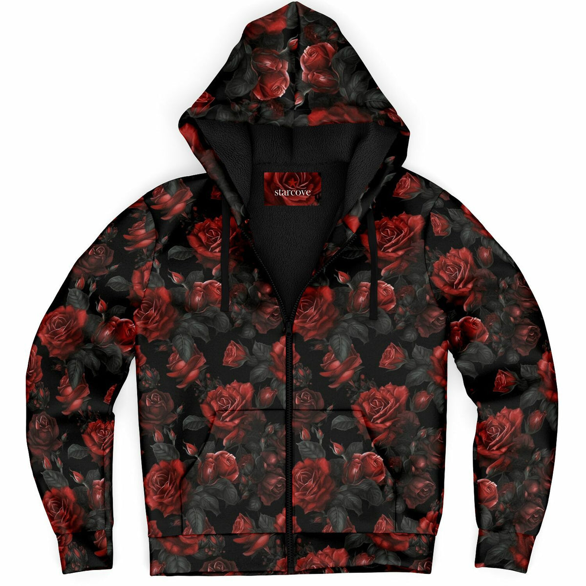 Red Roses Zip Up Fleece Lined Hoodie, Floral Flowers Sherpa Heavyweight Full Zipper Pocket Men Women Unisex Graphic Hooded Sweatshirt Jacket