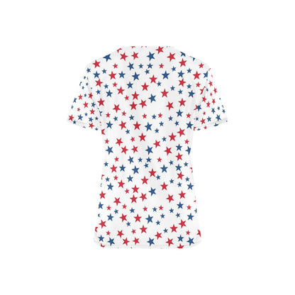 Red White Blue Stars Medical Scrubs Top Women, American USA Patriotic Ladies Female Plus Size Nursing Nurse Vet Veterinary Assistant Pockets - Starcove Fashion