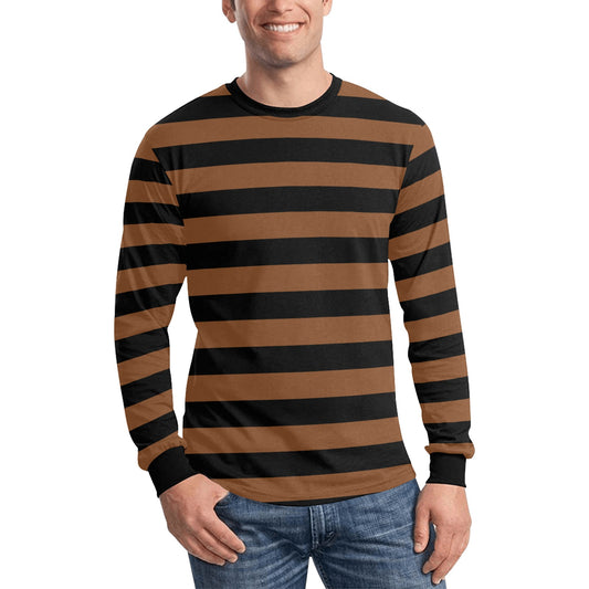 Black and Brown Striped TShirt Men Long Sleeve, Graphic Vintage Retro Stripes Crewneck Unisex Women Halloween Punk Grunge Designer Tee - Starcove Fashion