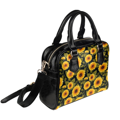 Sunflower Floral Purse Handbag, Yellow Floral Flowers Black Print Vegan Leather Designer Shoulder Satchel Top Handle Bag with Strap Zip