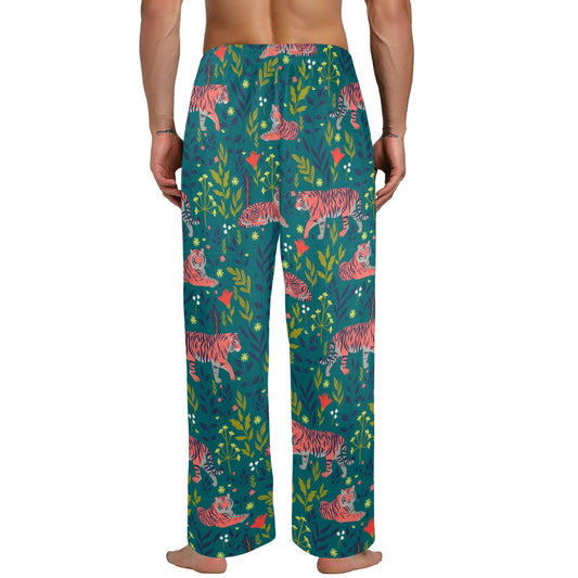 Tropical Tiger Men Pajamas Pants, Animal Print Vacation Pattern Satin PJ Pockets Sleep Trousers Couples Matching Trousers Bottoms Sleepwear