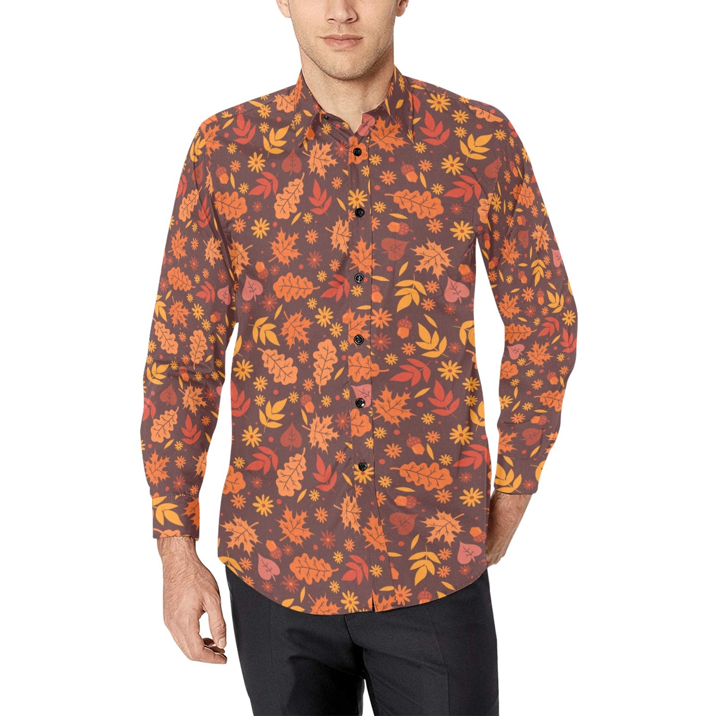 Fall Leaf Men Button Up Shirt, Brown Autumn Long Sleeve Print Buttoned Down Collar Male Guys Casual Dress Shirt Chest Pocket Collared L Fall Leaf Men Button Up Shirt, Brown Autumn Long Sleeve Print Buttoned Down Collar Male Guys Casual Dress Shirt Chest Pocket Collared L