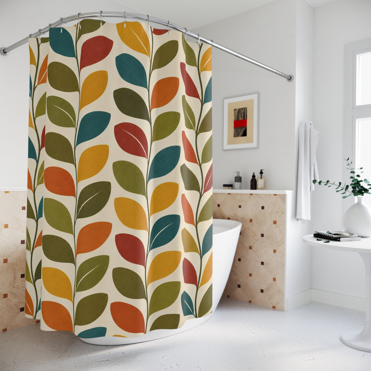 Mid Century Scandinavian Leaf Shower Curtain, Retro Nordic Botanical Teal Orange Mustard Bathroom Decor Nature Housewarming Gift 71" x 74"