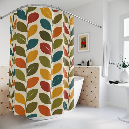 Mid Century Scandinavian Leaf Shower Curtain, Retro Nordic Botanical Teal Orange Mustard Bathroom Decor Nature Housewarming Gift 71" x 74"