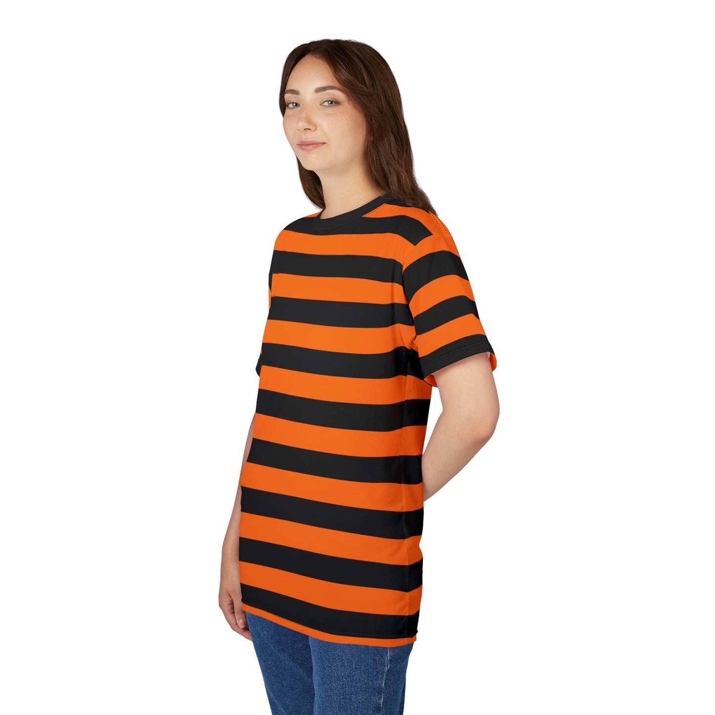 Orange Black Striped Tshirt, Stripe Designer Graphic Aesthetic Lightweight Heavyweight Crewneck Men Women Tee Top Short Sleeve Shirt