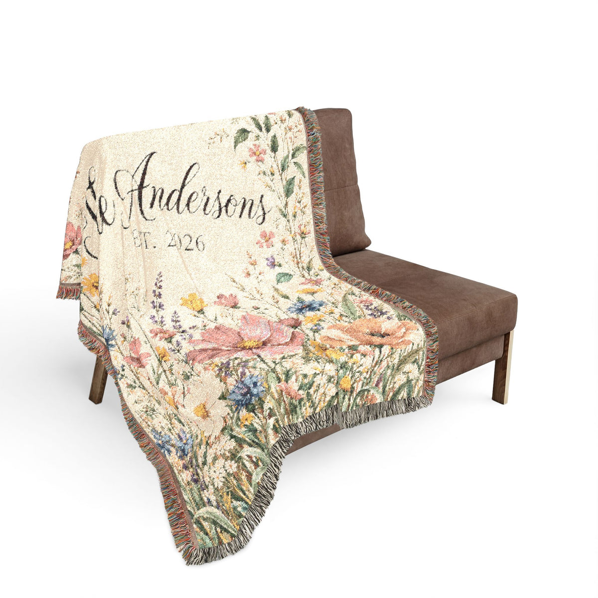 Custom Family Name Woven Blanket Tapestry, Wildflowers Throw Floral Botanical Personalized Wedding Anniversary Engagement Cotton Small Large