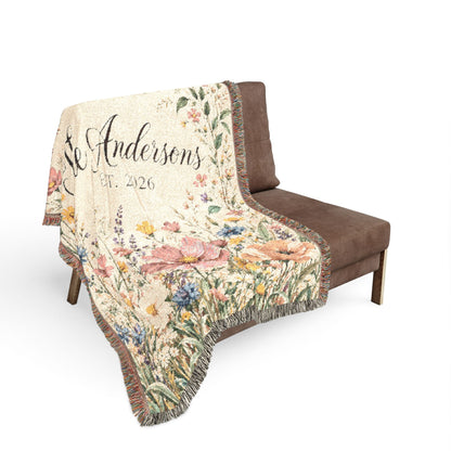 Custom Family Name Woven Blanket Tapestry, Wildflowers Throw Floral Botanical Personalized Wedding Anniversary Engagement Cotton Small Large