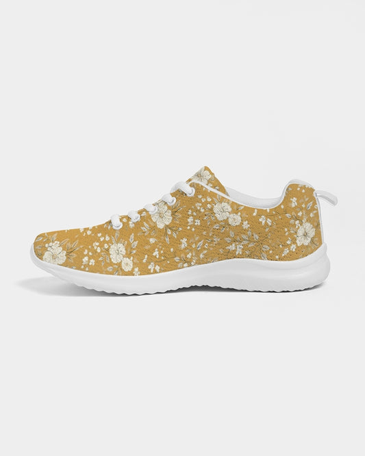 Mustard Floral Women Breathable Sneakers, White Flowers Ladies Mesh Print Lace Up Running Custom Designer Vegan Casual Sports Shoes