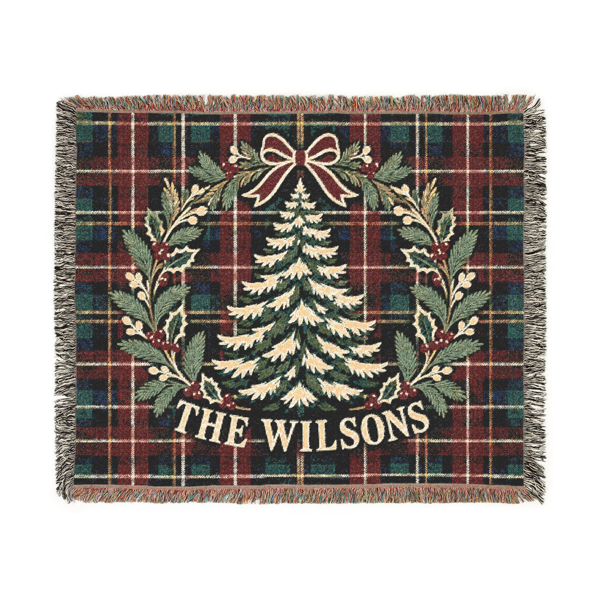 Custom Christmas Woven Throw Blanket Tapestry, Personalized Family Name Holiday Cotton Fringe Adult Kids Small Large Bed 50x60 Wall Hanging