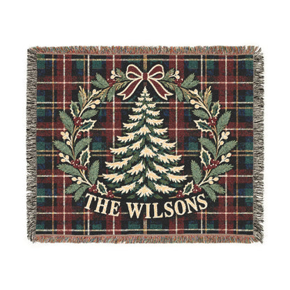 Custom Christmas Woven Throw Blanket Tapestry, Personalized Family Name Holiday Cotton Fringe Adult Kids Small Large Bed 50x60 Wall Hanging