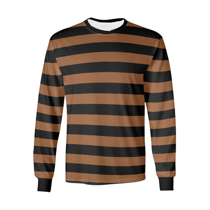 Black and Brown Striped TShirt Men Long Sleeve, Graphic Vintage Retro Stripes Crewneck Unisex Women Halloween Punk Grunge Designer Tee - Starcove Fashion