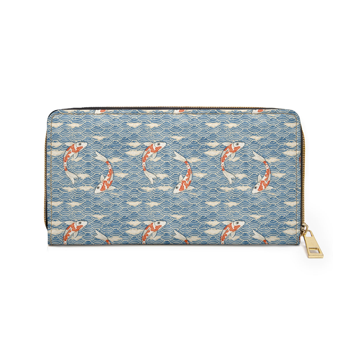 Koi Fish Leather Wallet Women, Ocean Japanese Wave Vegan Zipper Zip Around Coins Credit Cards Pocket Cash Ladies Female Pouch Slim Purse