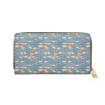 Koi Fish Leather Wallet Women, Ocean Japanese Wave Vegan Zipper Zip Around Coins Credit Cards Pocket Cash Ladies Female Pouch Slim Purse