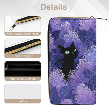 Black Cat Leather Wallet Women, Lilac Purple Floral Flowers Vegan Zipper Zip Around Coins Credit Cards Pocket Cash Ladies Slim Clutch Purse