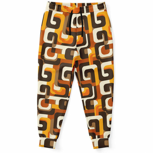 70s Retro Joggers Sweatpants Pockets, Geometric Brown Orange Vintage Women Men Female Ladies Fleece Comfy Sweats Pants Loungewear Bottoms
